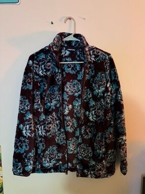 Lands' End Women's Teal Floral Full-Zip Teddy Jacket on Black